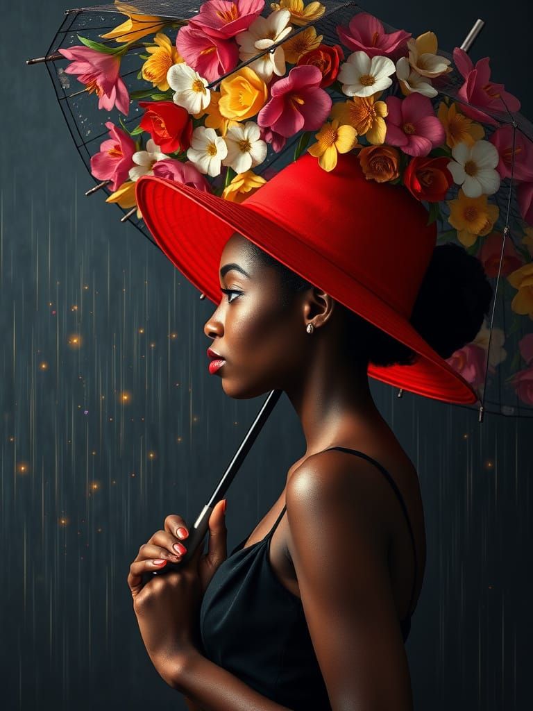 African American Woman with Floral Umbrella in Serene Moment