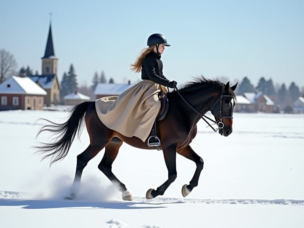 Girl Riding a Horse in Snowy Winter Landscape
