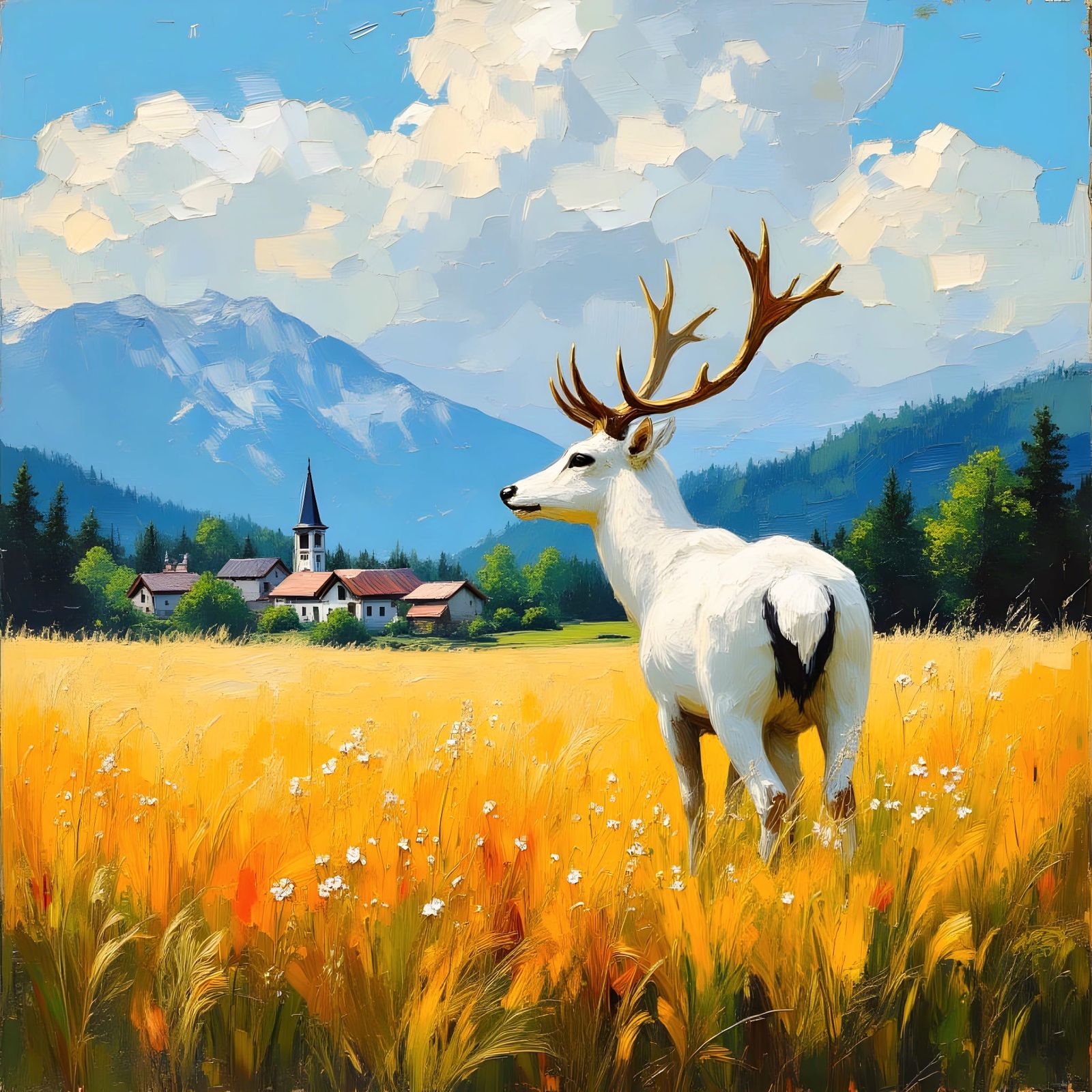 White Stag in Wheat Field, Impasto Painting
