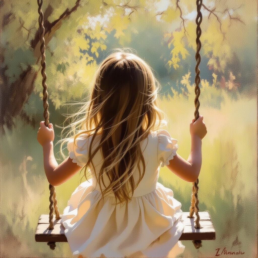 Girl on Old Wooden Swing in Late Afternoon Light
