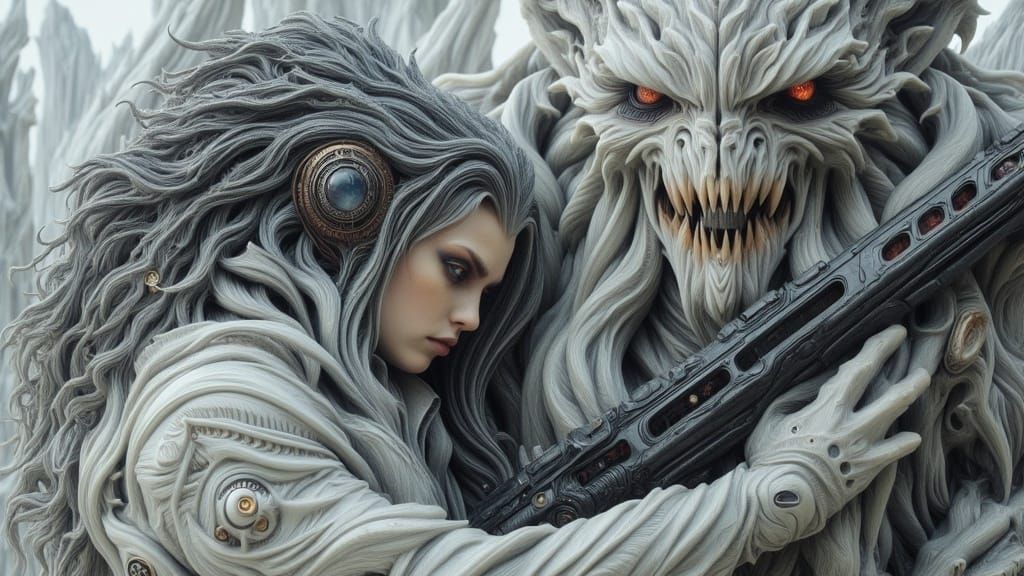 Cyborg Warrior in Ruins with Polar Bear Companion in Cyberpu...