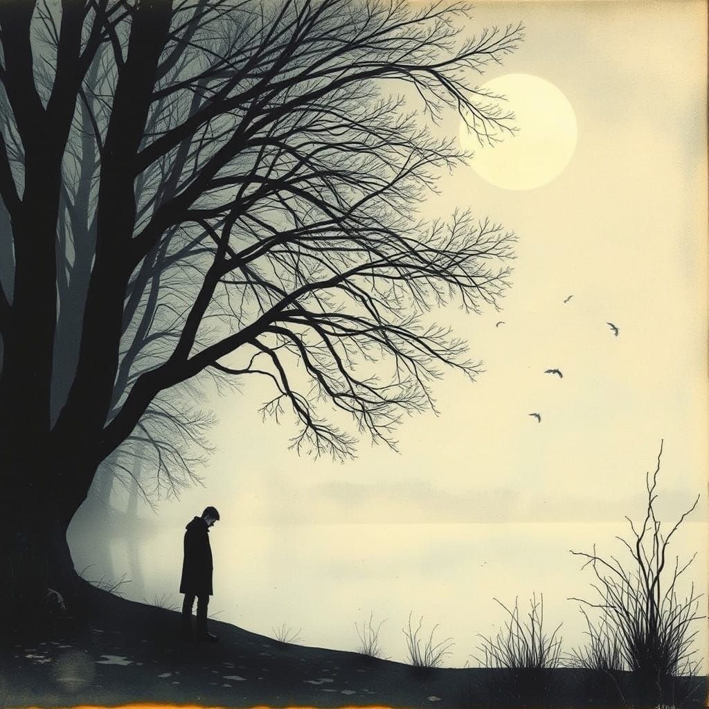 Misty Moonlit Landscape with Contemplative Figure