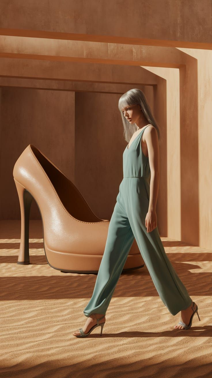 Dreamy Woman in Desert Room with Giant Shoe