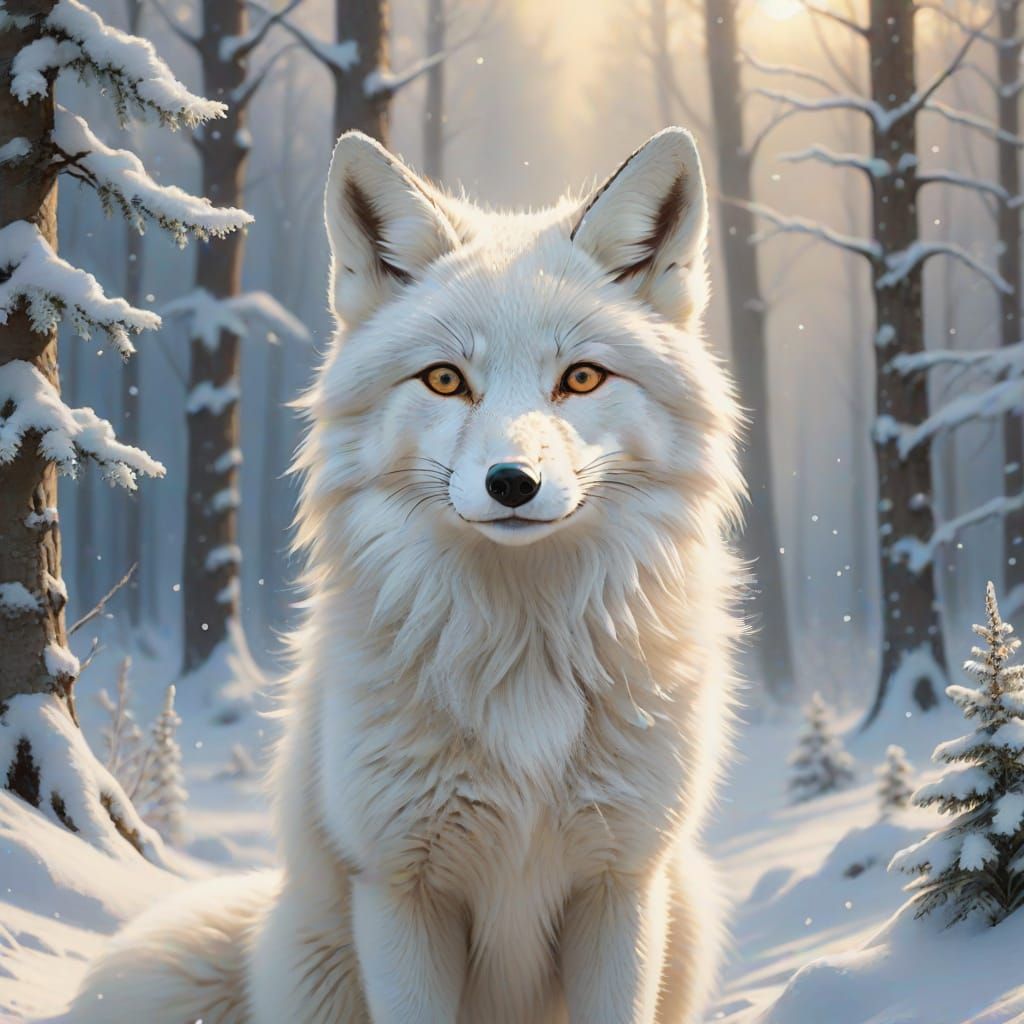Whimsical Winter Wonderland with Fluffy White Fox