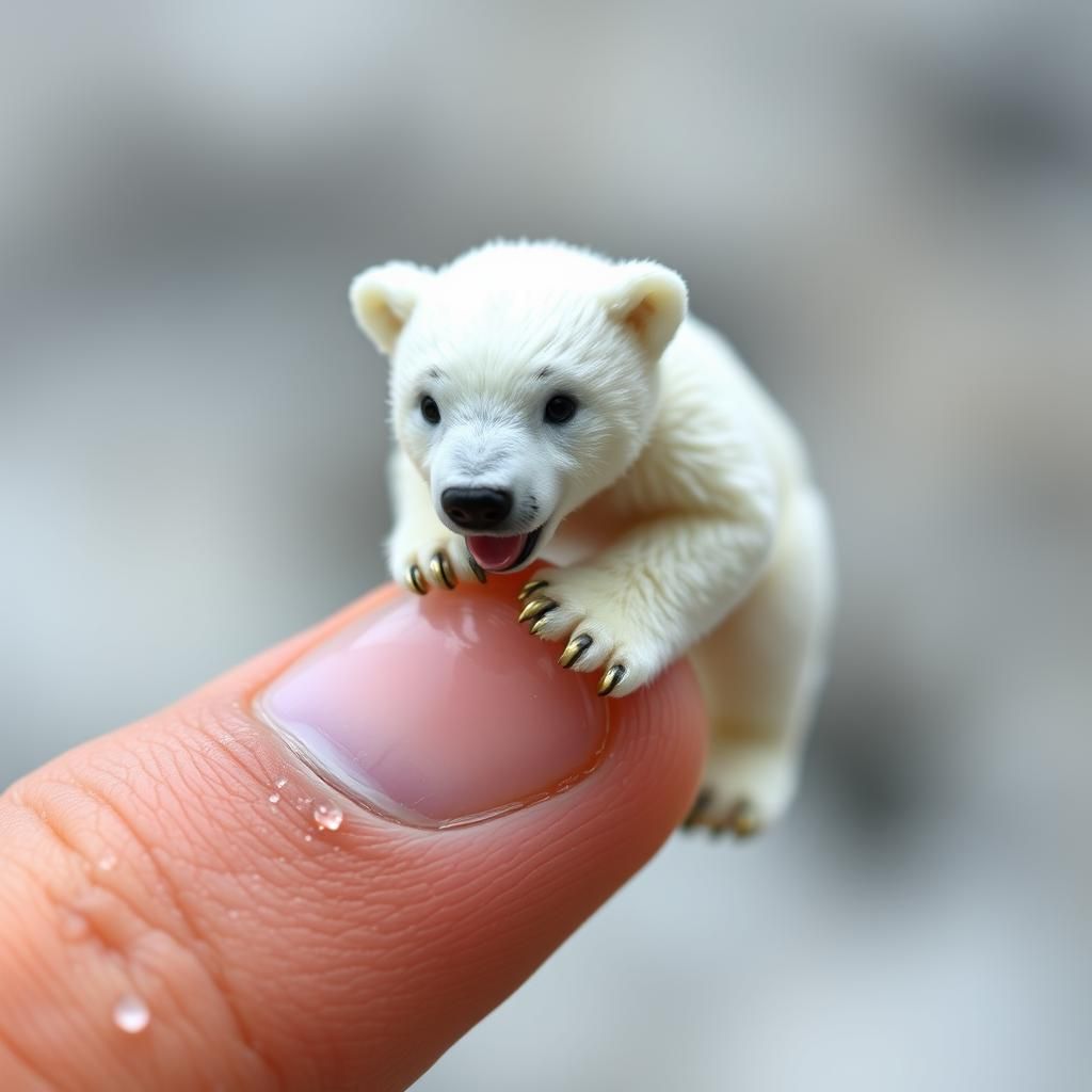 Miniature Polar Bear Slides Down a Human Thumb