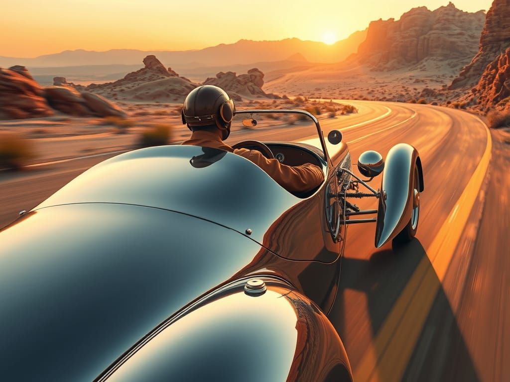Vintage Chrome Roadster Speeds Through Desert Sunset