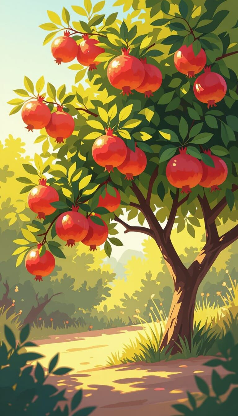 Vibrant Pomegranate Tree in Sunlight HD Cartoon Style