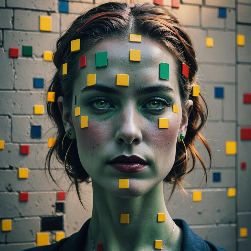 Mondrian-Inspired Portrait of a Woman in Scarlet