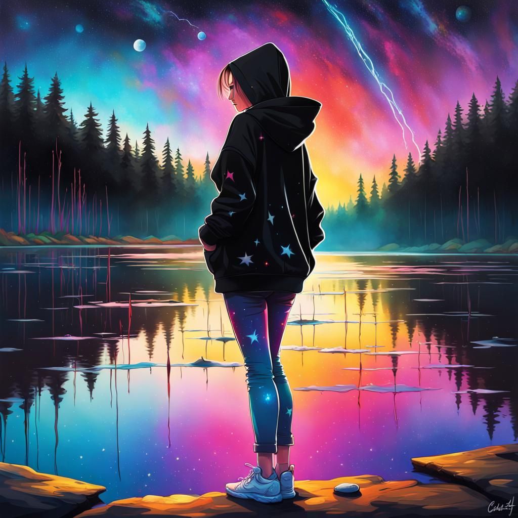 Colorful Cosmic Graffiti Art of Girl by Lake