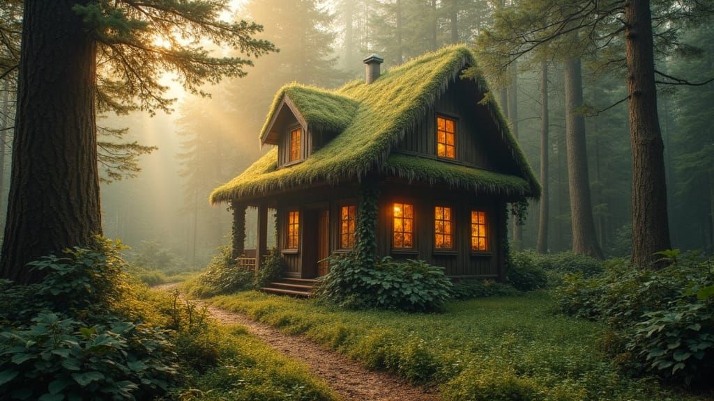 Serene Cottage in Misty Woods: Whimsical Illustration