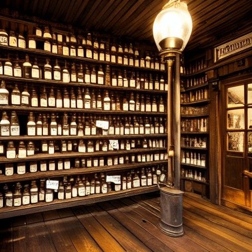 Steampunk Apothecary Shop Interior with Gas Lamps
