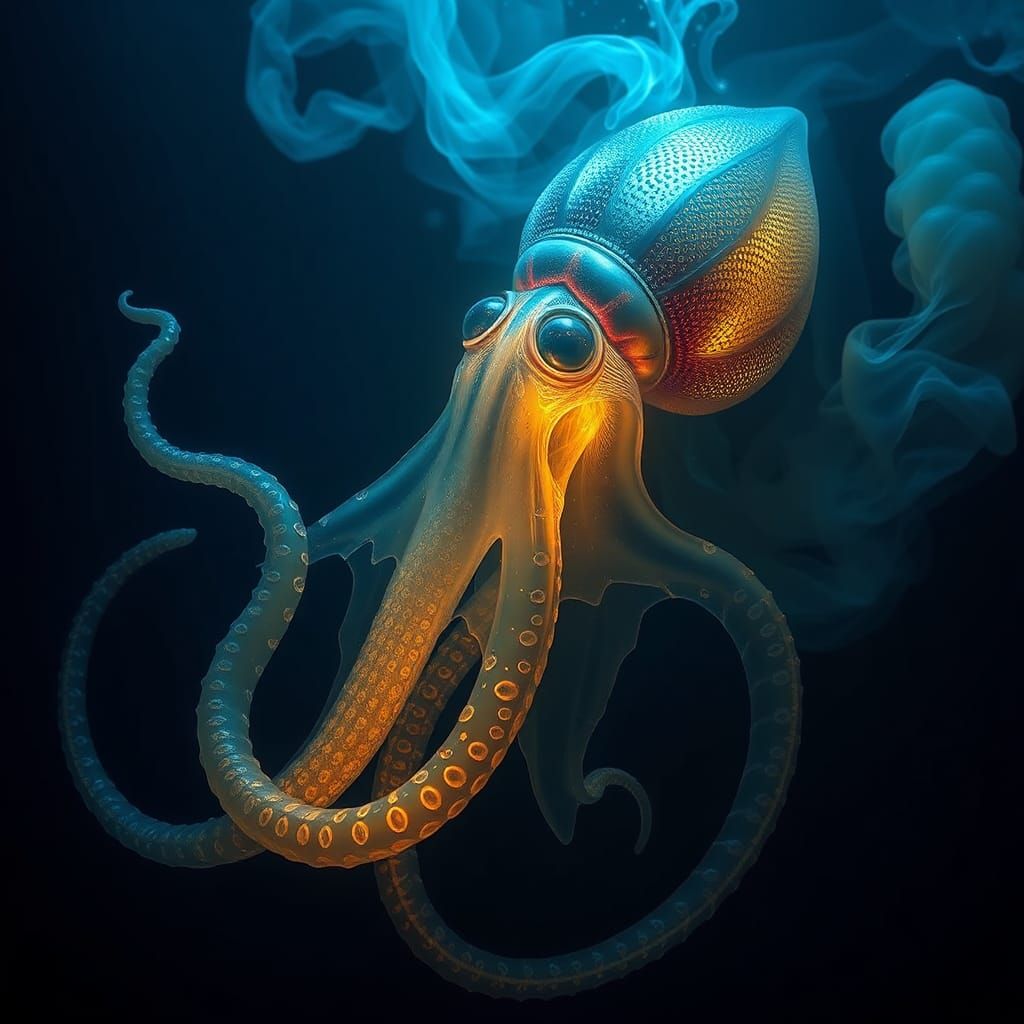 Translucent Squid in Ocean Depths, Biomechanical Art