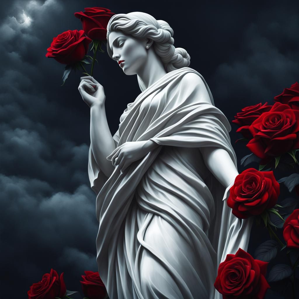 Dramatic Marble Statue with Roses Digital Painting