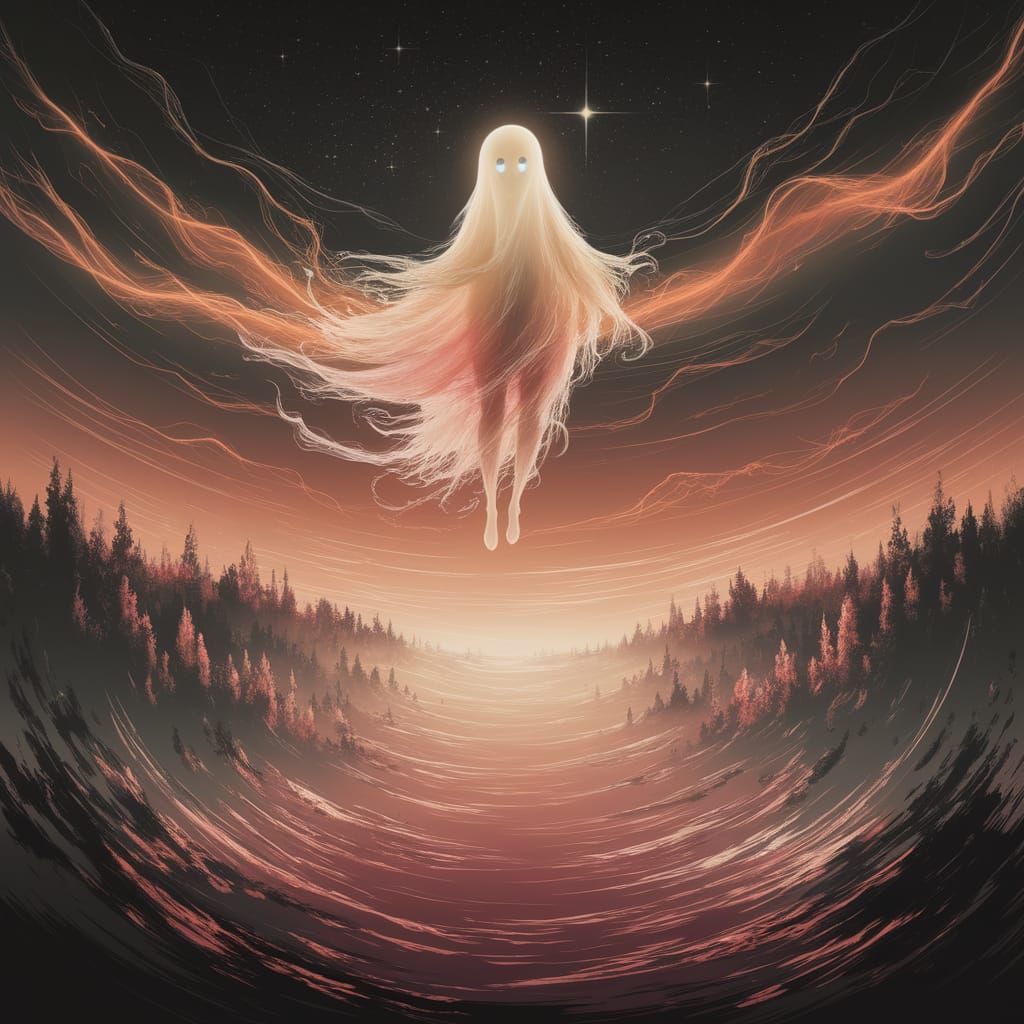 Surreal Impressionist Ghostly Figure Over Misty Landscape