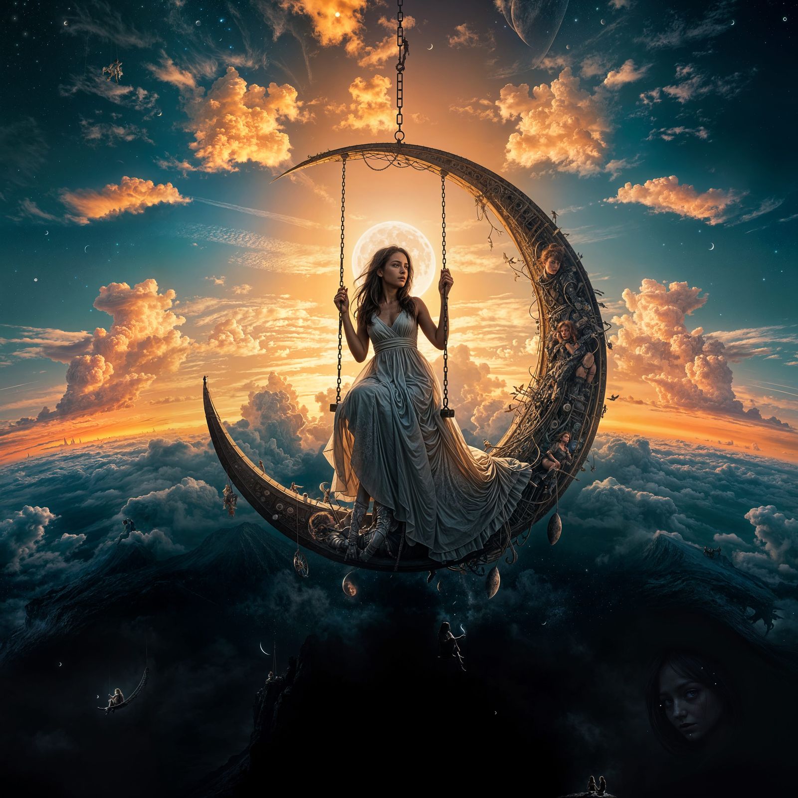 Girl on Crescent Moon Swing: Surreal Fine Art