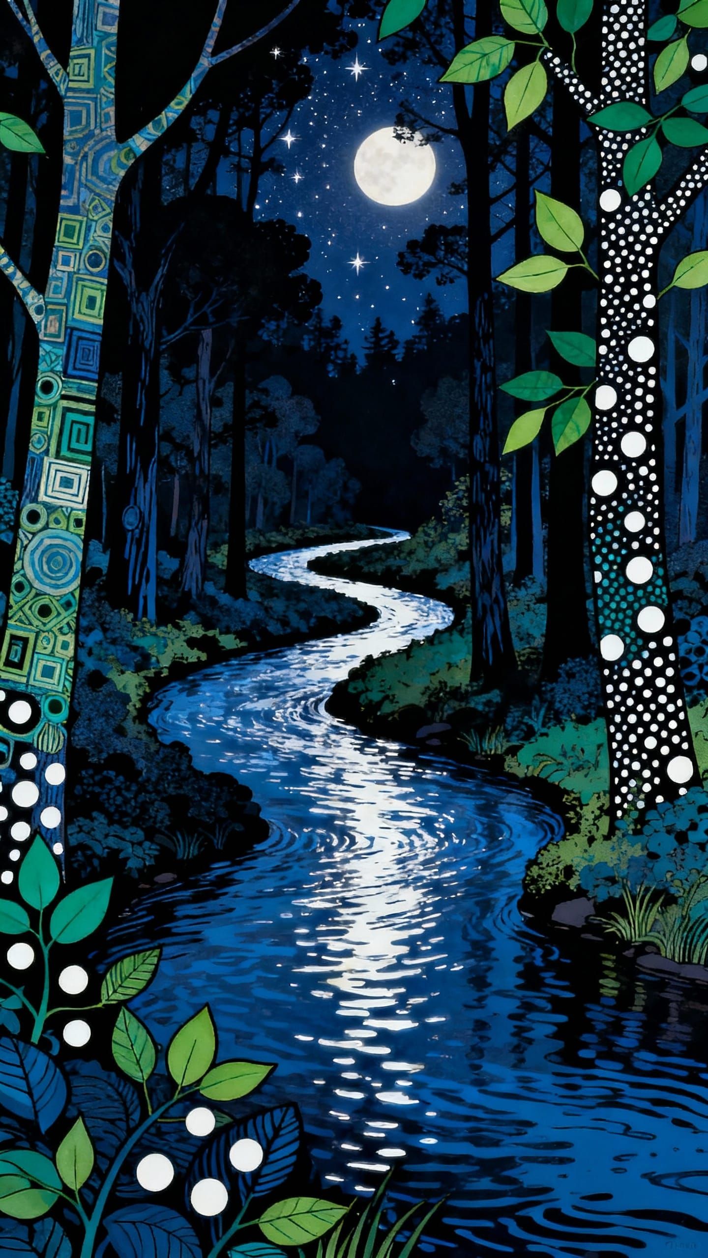 Pop Art River in Forest at Night