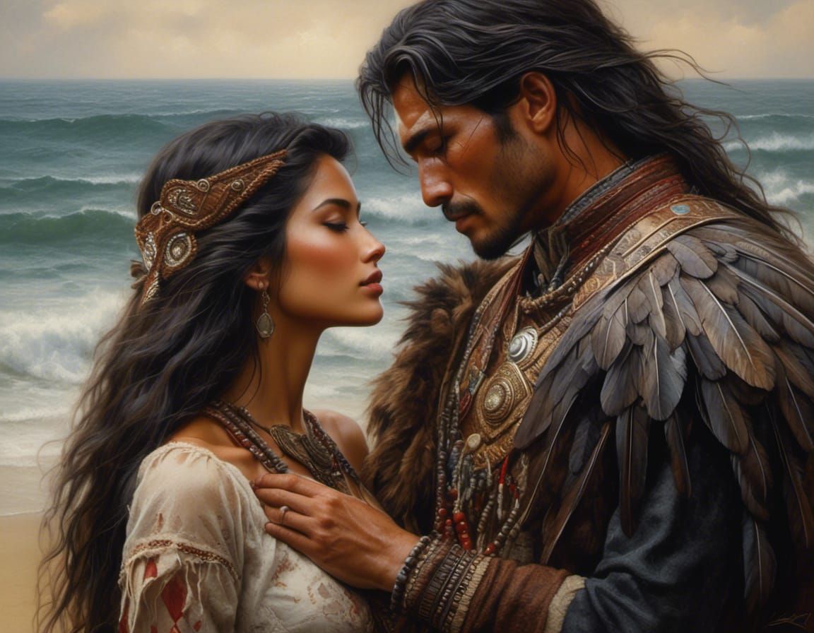 Romantic Encounter on the Beach, Hyperdetailed Portrait