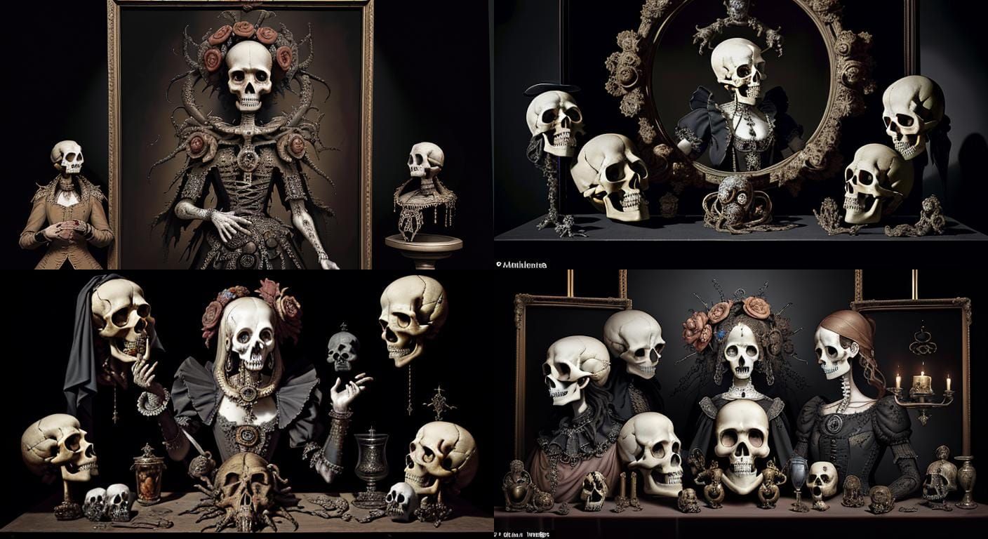 striking exhibit: a Dutch Baroque painting by Willem Hondius features a skull and a human head. The eerie scene depicts ...