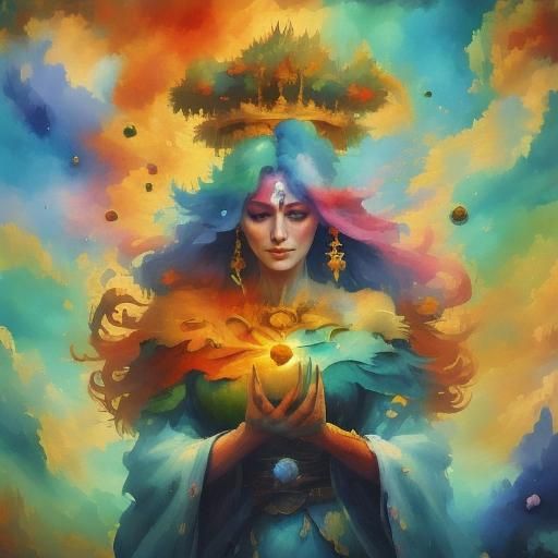 Goddess with Earth: Gouache Impressionist Masterpiece