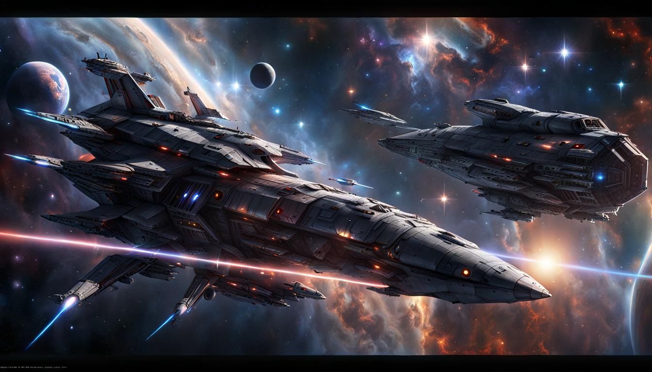 Fantasy Starship in Space with Iridescent Nebula