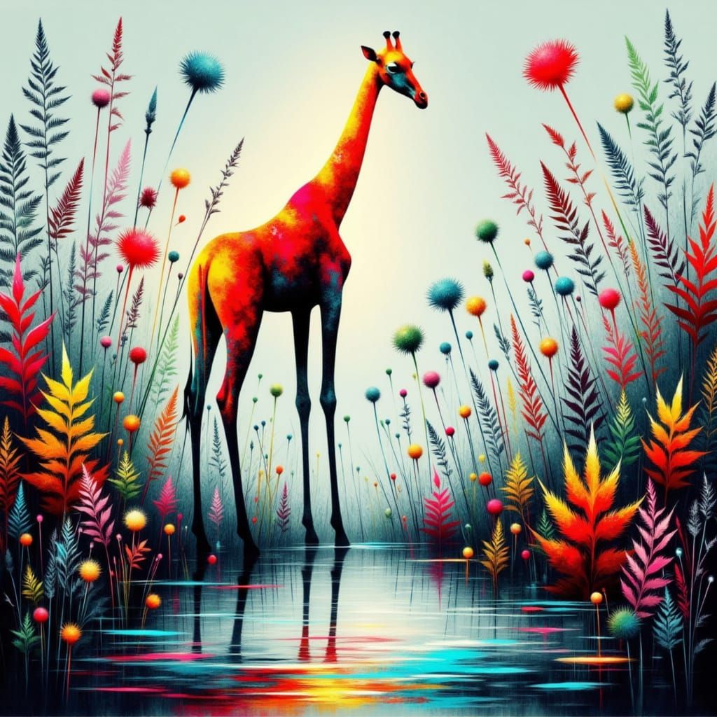 Tall Giraffe Drinks from Bohemian Pond in Vibrant Colors