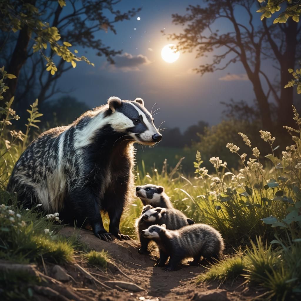 Enchanting Badger and Baby in Moonlight Double Exposure