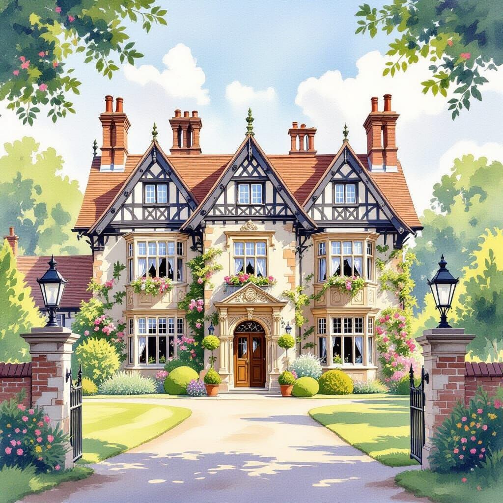 Ornate Watercolour Illustration of an Old English Manor Hous...