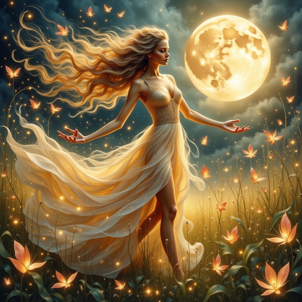 Whimsical Woman Dancing in Moonlight Garden Watercolor