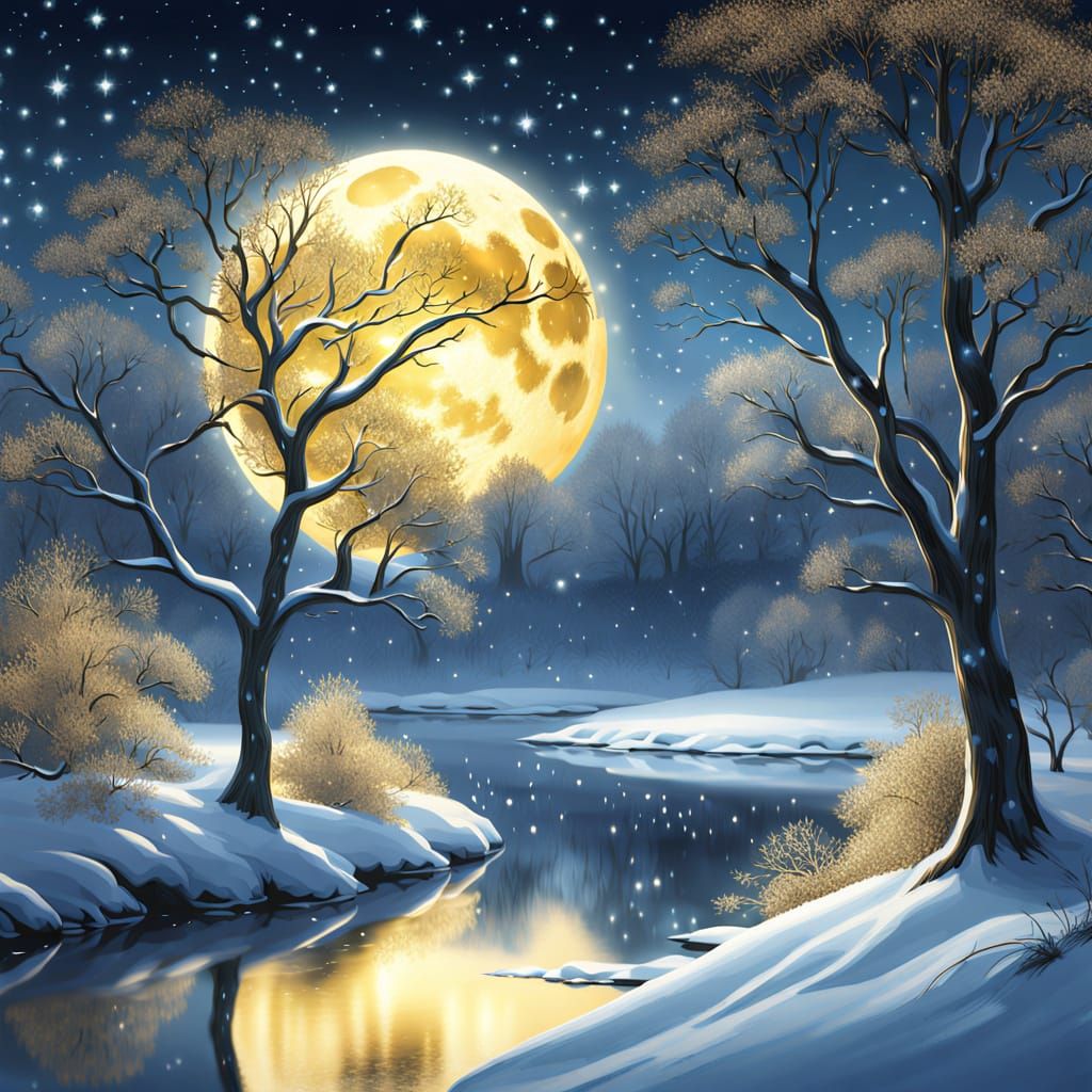 Magical Winter Night Landscape with Glowing Moon