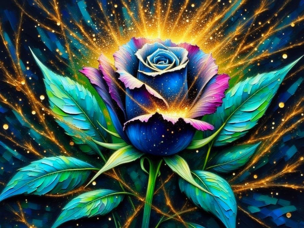 Vibrant Blue Rose in Cracked Impasto Ink Splatter Art