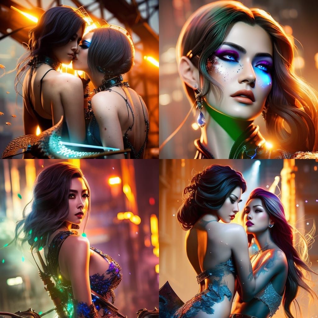 Photo-realism HDR portrait, 2 beautiful women making love, flawless eyes, “by Artgerm, Pixar, WLOP”, fantasy cyberpunk g...