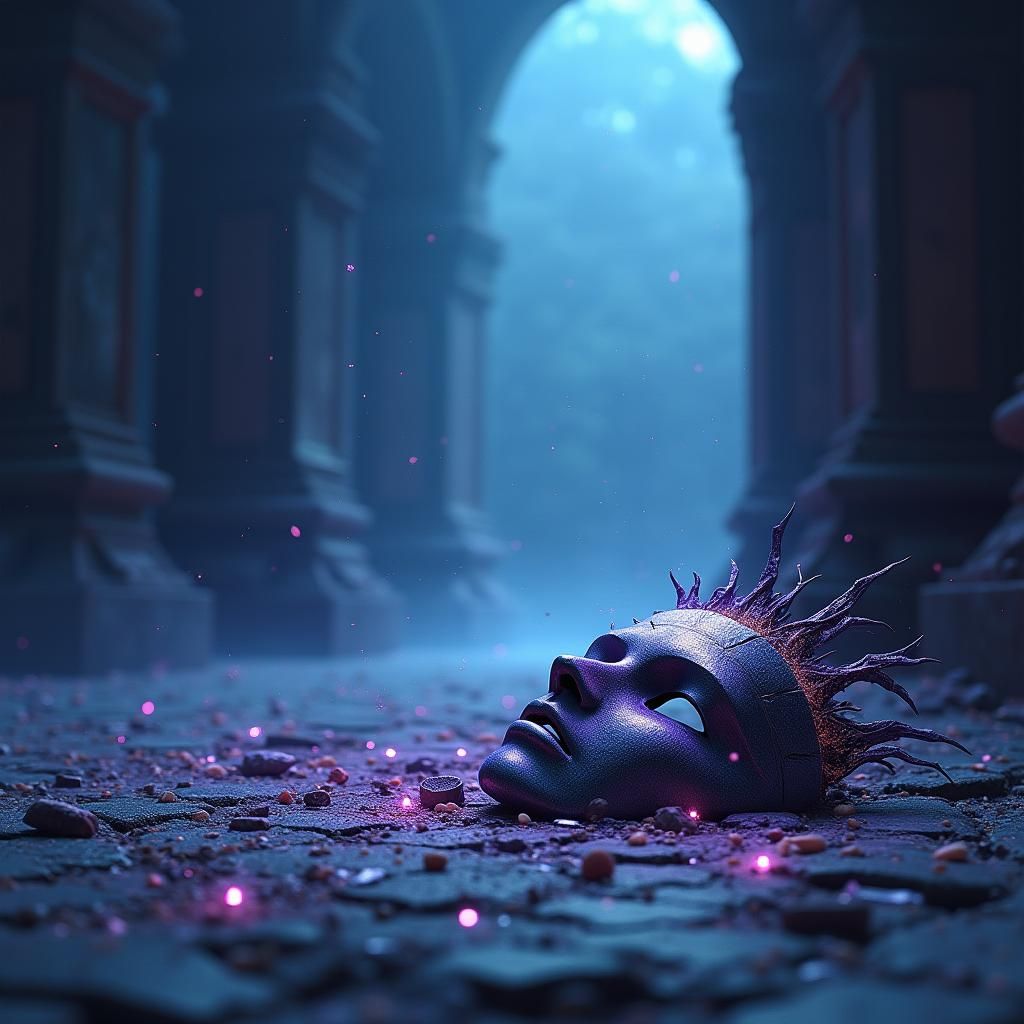 Broken Mask Symbolizing Ego Dissolution in Fantasy Art Style