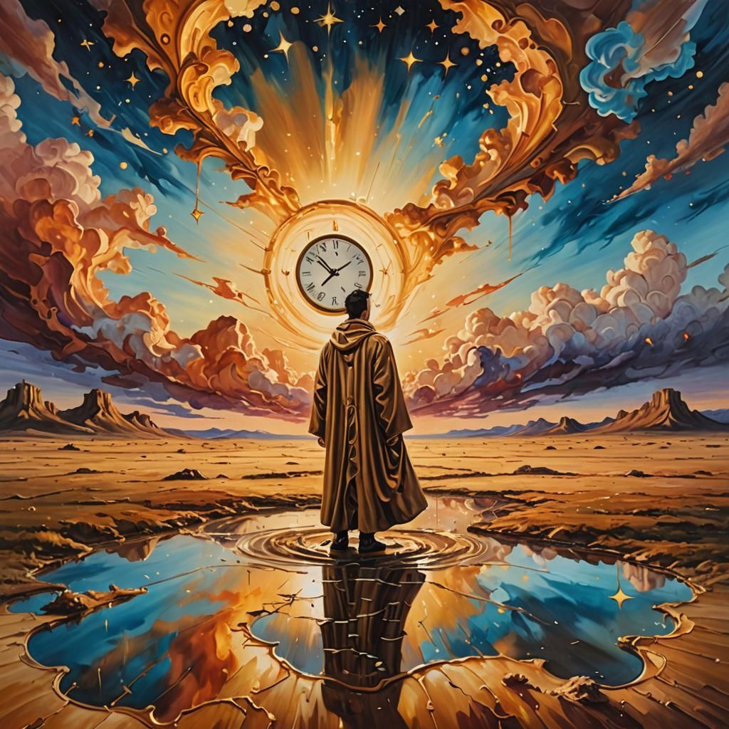 Surreal Dreamscape with Melting Clock, Oil on Canvas