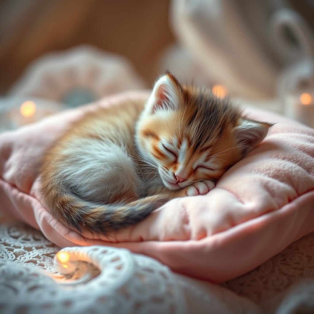 Surreal, Dreamy Kitten Slumbers on Velvet Pillow