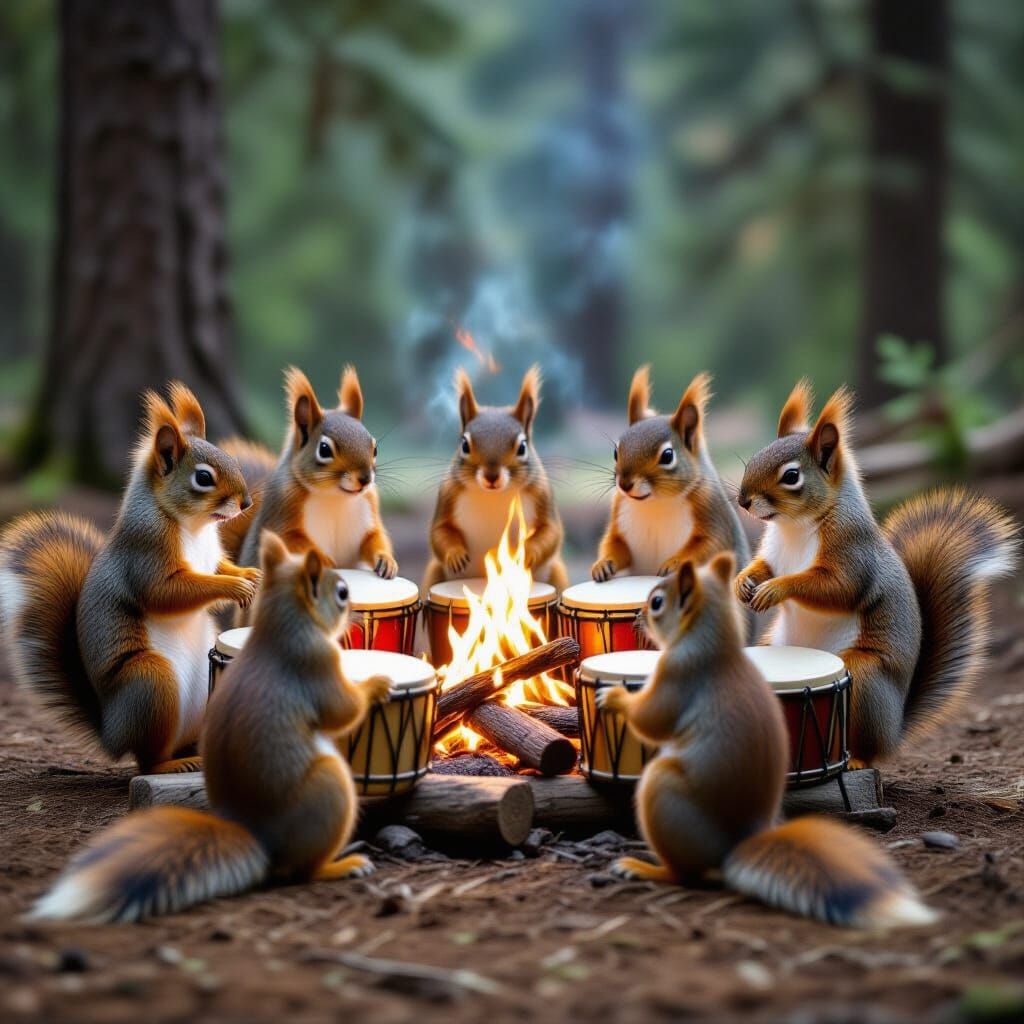 Squirrels Circle Around Fire and Drums