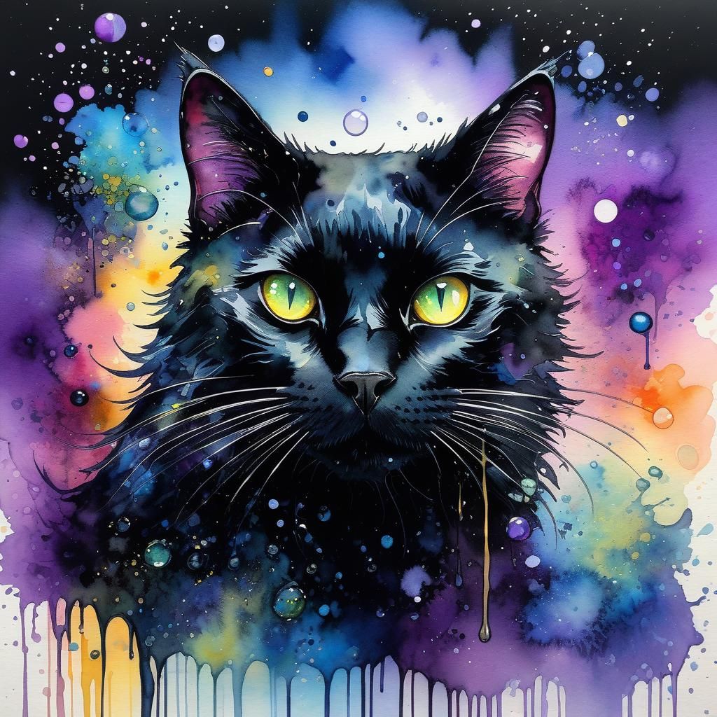 Watercolor Black Cat in Fantasycore Style
