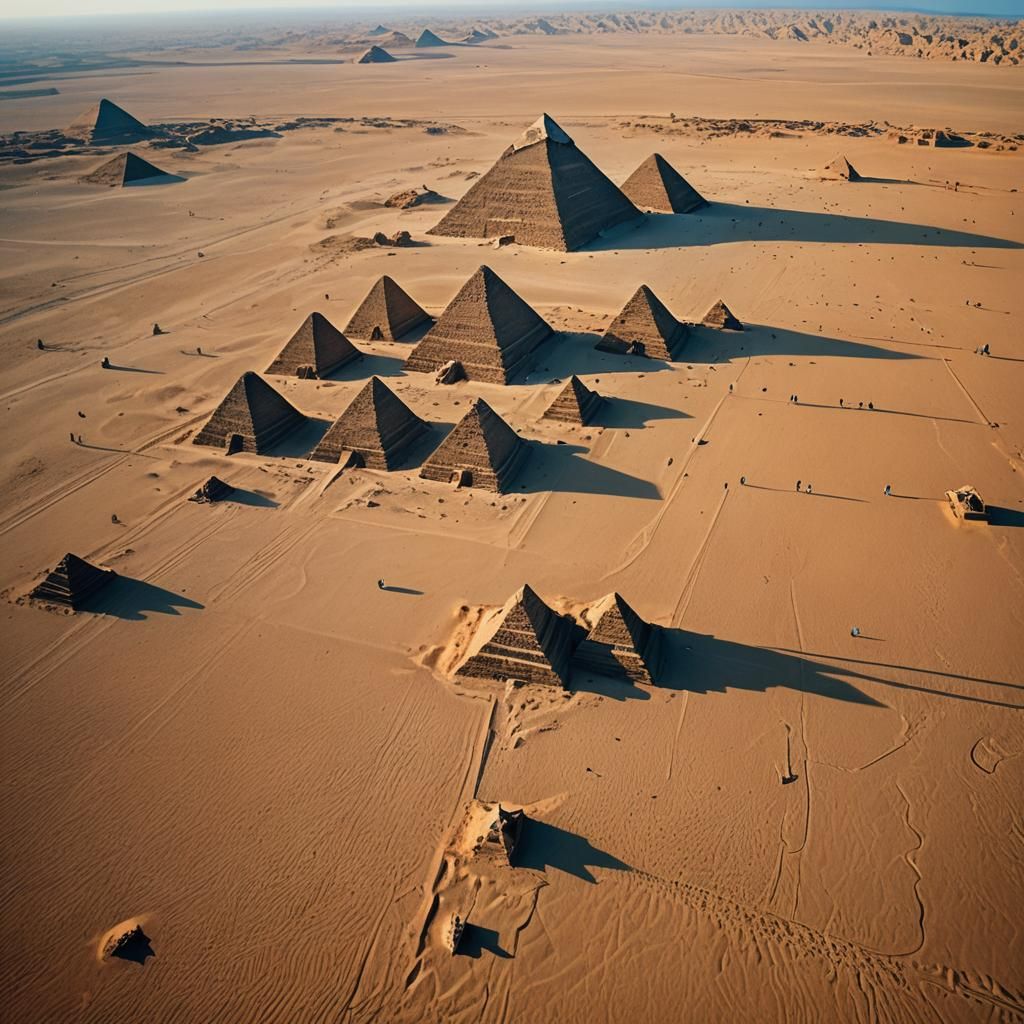 Surreal Desert Landscape with Pyramids in Soft Focus