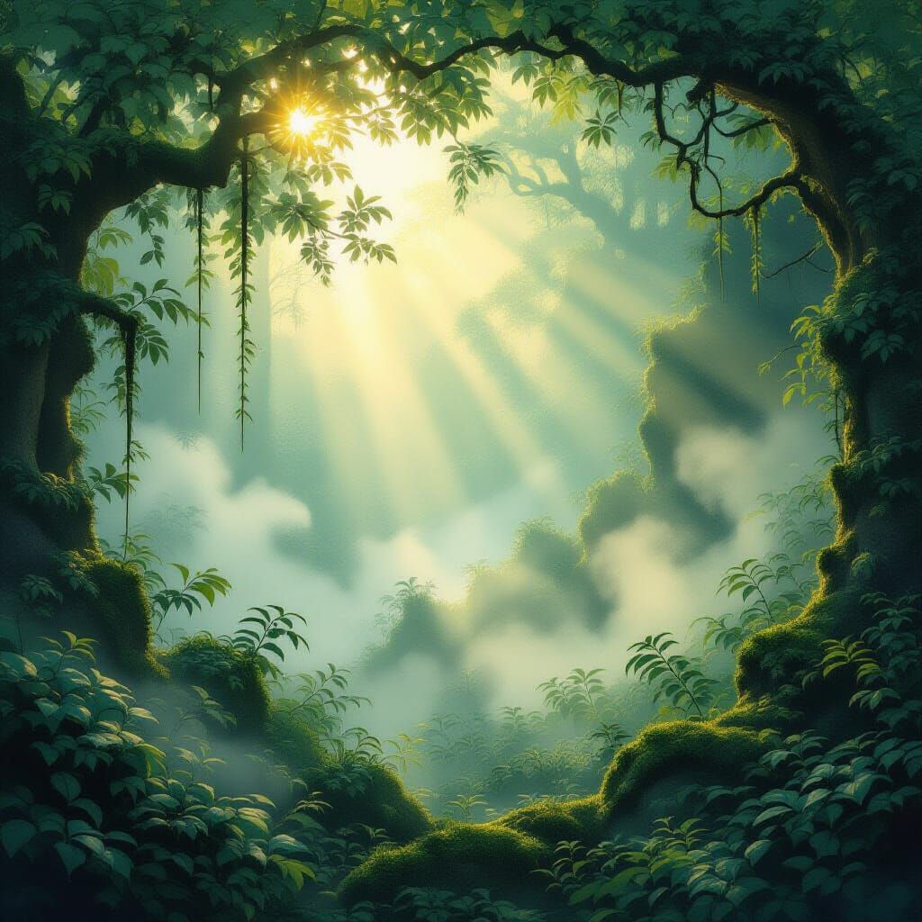 Ethereal Forest Mist at Dawn in Art Nouveau Style