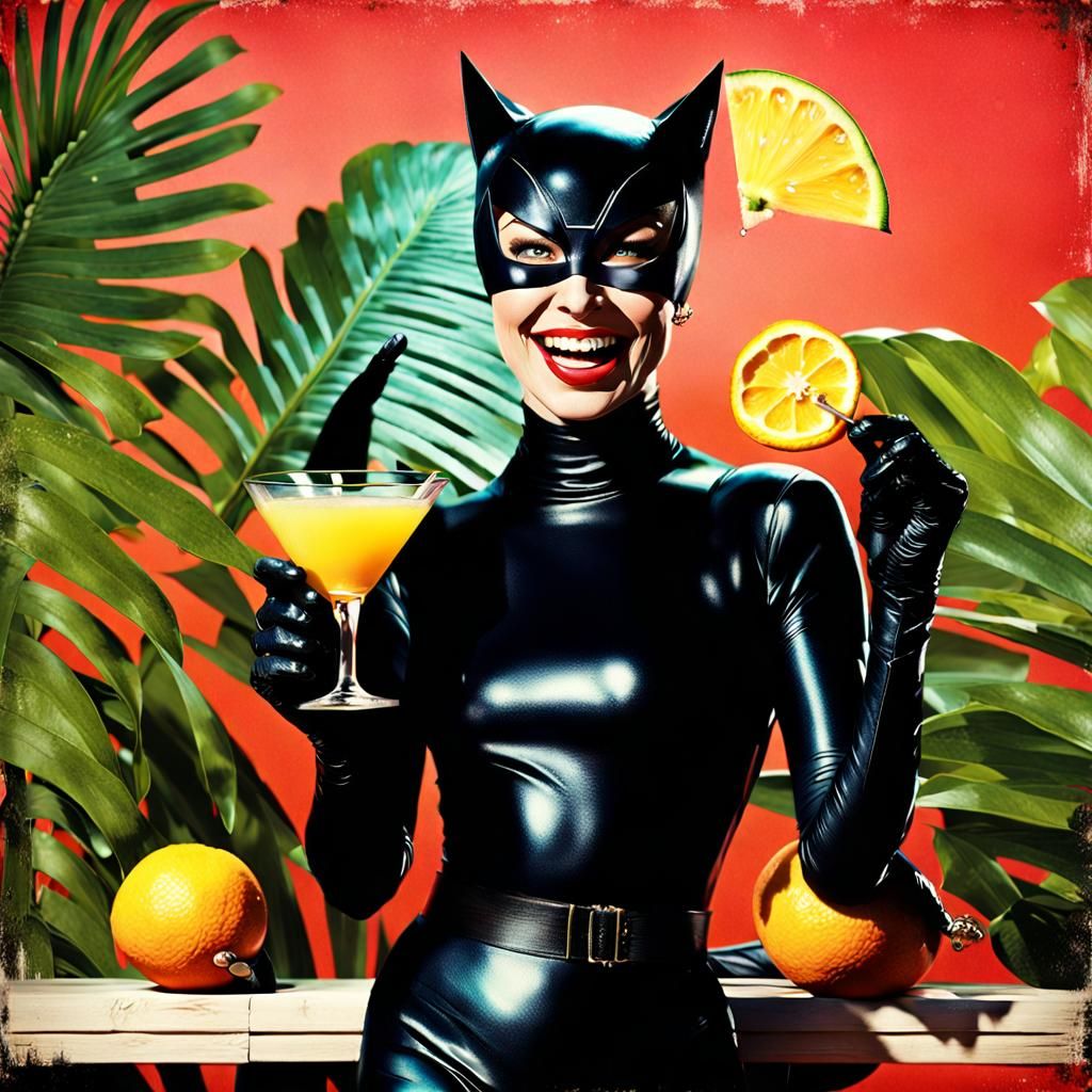 Vintage Catwoman with Cocktail in Photorealistic Detail