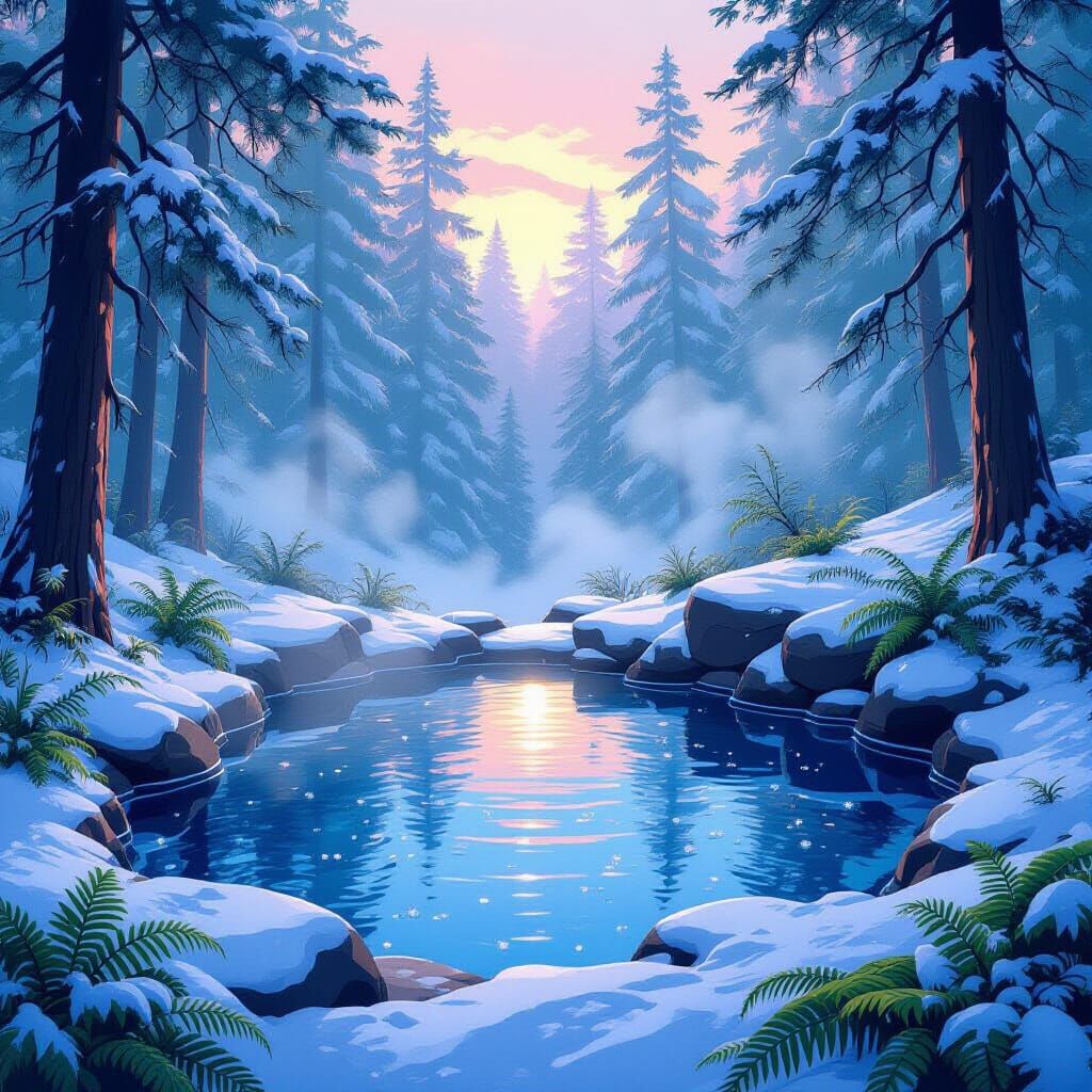 Winter Hot Spring Serenity with Morning Sunlight