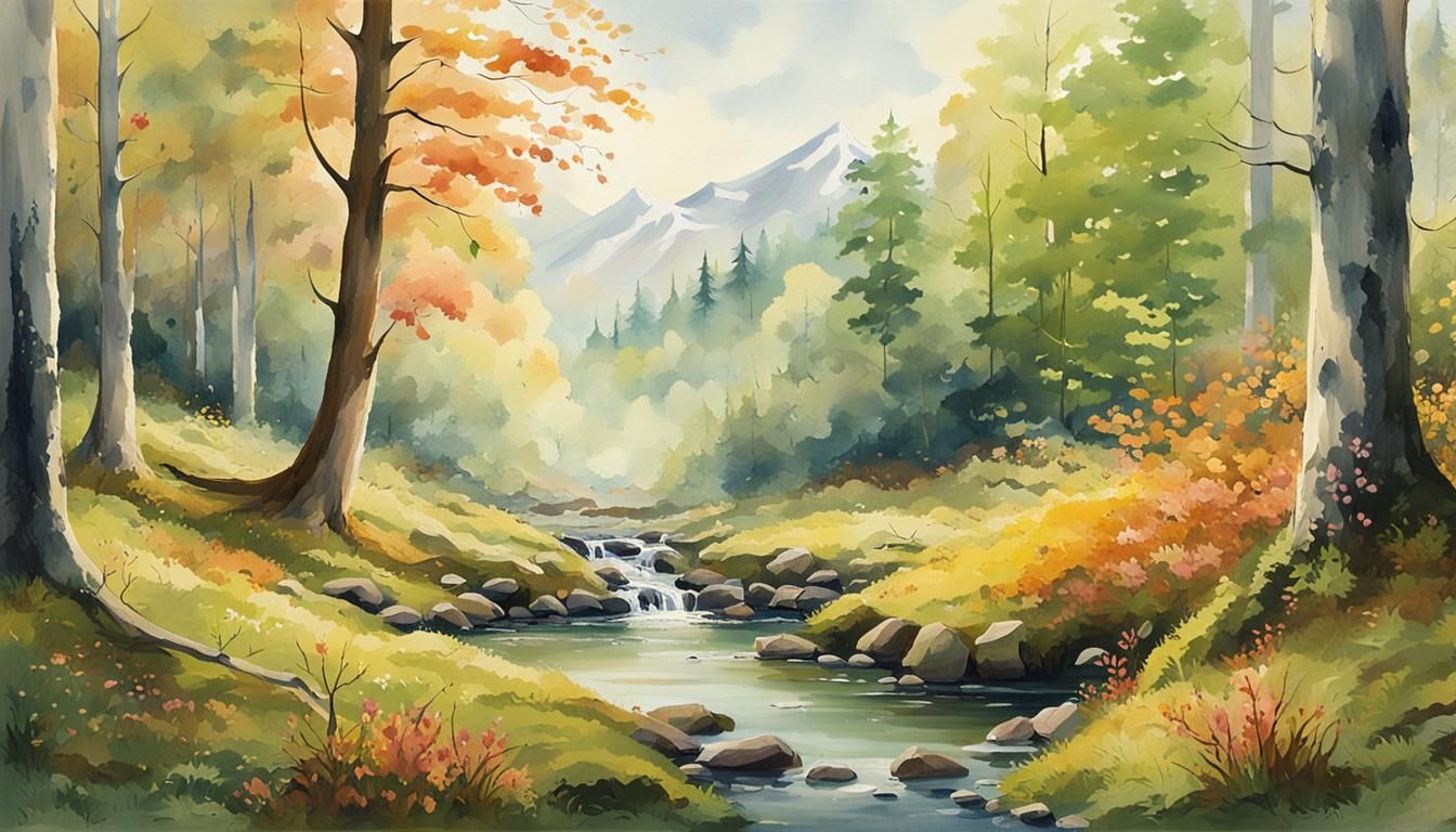 Watercolor Autumn Forest with Mountain View