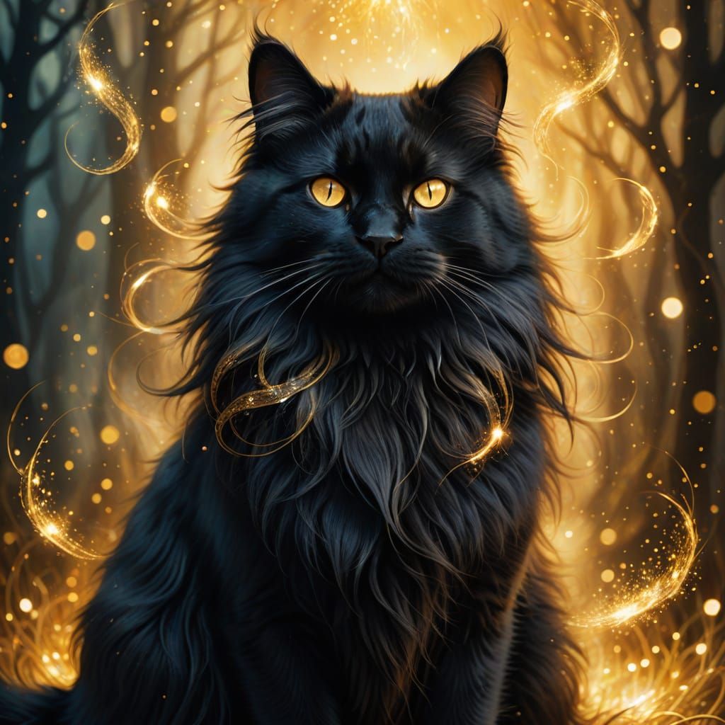 Black Cat Conjures Golden Magic in Fantasy Art