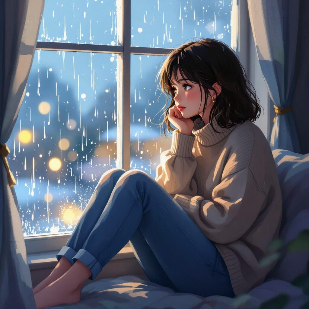 Girl by Rainy Window in Dreamy Digital Watercolor
