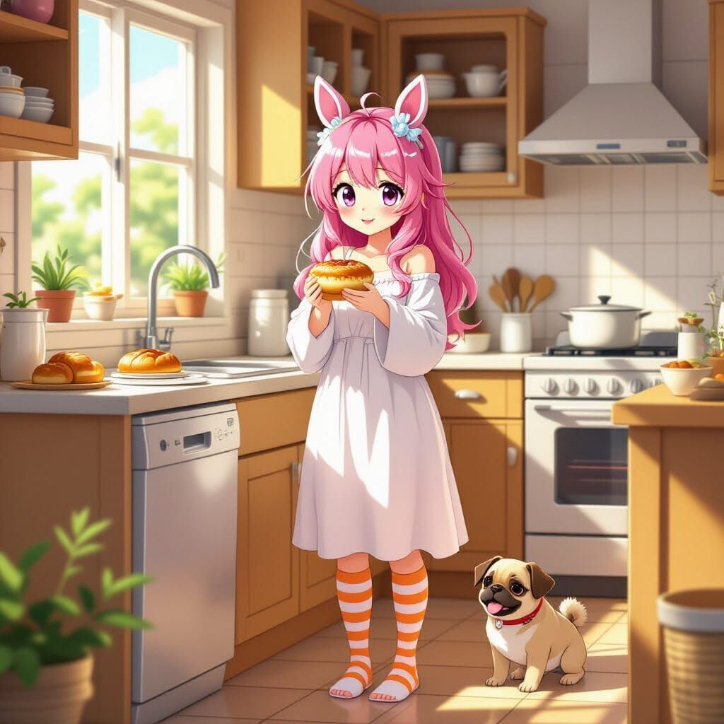 Anime Girl with Horse Ears Baking Sweet Roll