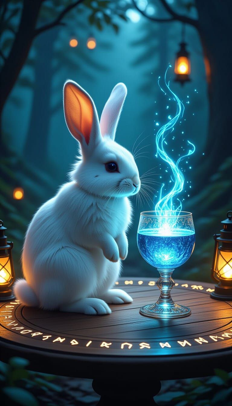 White Rabbit's Magical Forest Encounter with Glowing Chalice