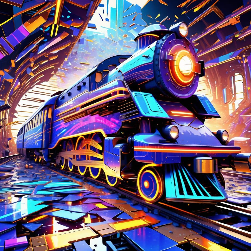 Art Deco Train Derailment in Glitch Art Style