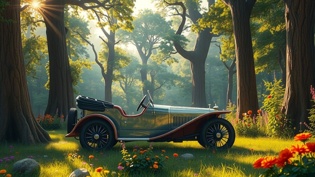 Whimsical Chitty Chitty Bang Bang Car in Enchanted Forest
