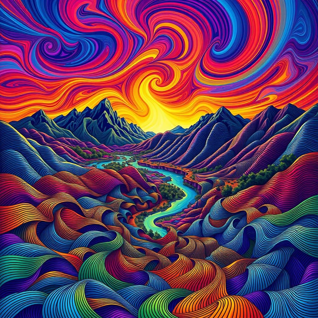 Abstract Geometric Landscape with Swirling Curves