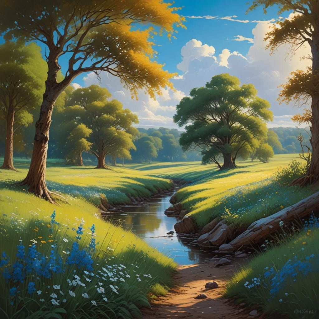 Whimsical Spring Landscape in Impressionist Style