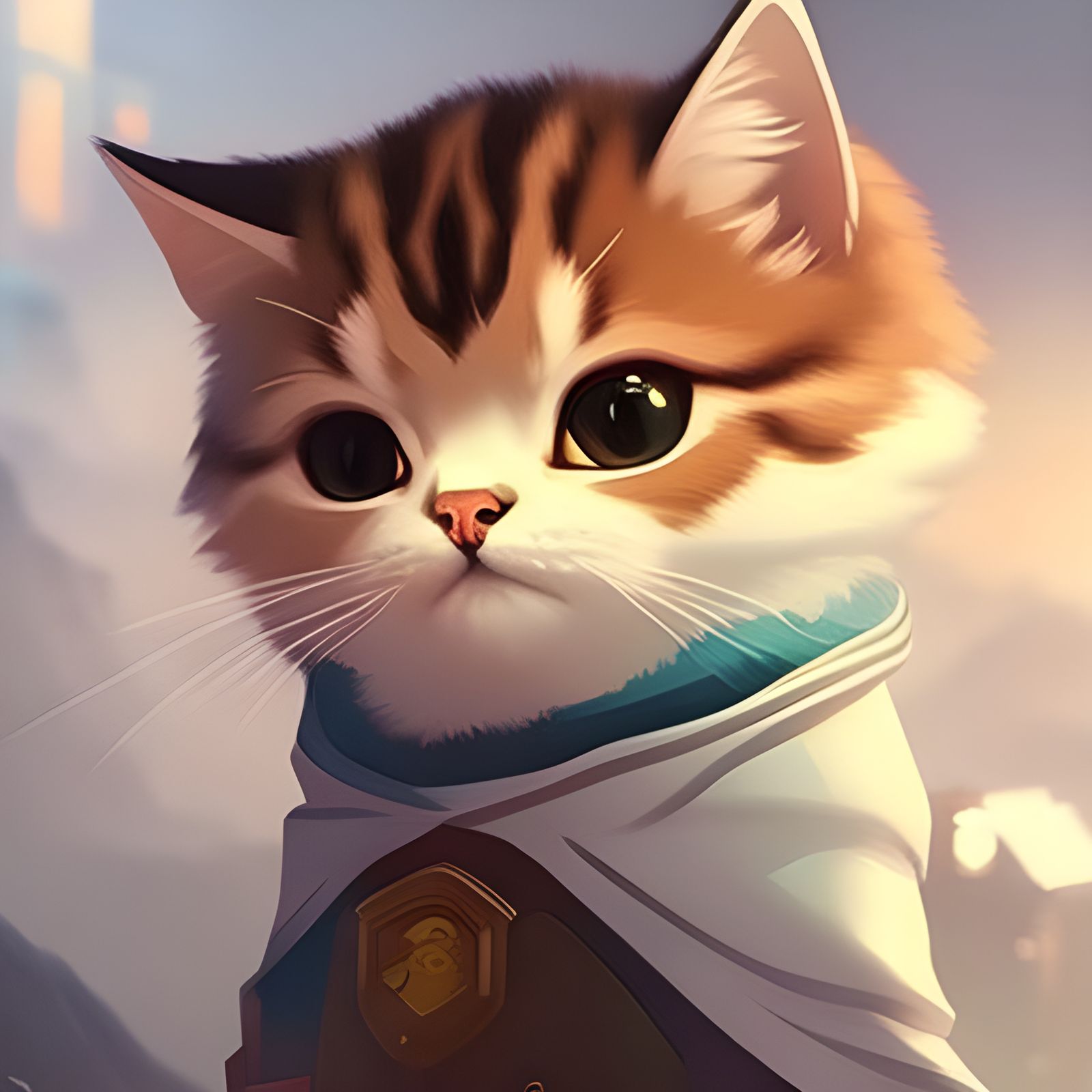 Chibi Cat Explorer in Colorful Misty Landscape